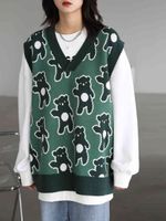 Wholesale Women s Vests V neck loose shirt contrast bear colour cartoon knit woman s waistcoat Autumn CIC2
