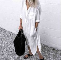 Wholesale Plus Size Cotton Linen Women s Dress White Long Sleeve Shirt Casual Female Long Dresses Autumn Beach Fashion Lady Clothing