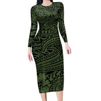 Wholesale Casual Dresses HYCOOL Fall Samoan Long Sleeve Green Maxi Dress Women Polynesian Tattoos Print Party Plus Size Elegant Modest