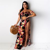 Wholesale Black White Floral Print Two Piece Club Outfits Off Shoulder Ruched Crop Tops Side High Split Maxi Skirt Summer Beach Suits