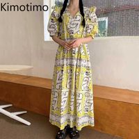 Wholesale Kimotimo Women Dress Korean Chic Summer Comics V neck Loose Big Swing Puff Sleeve Dress Long Dress Female Cartoon Ankle Length