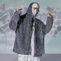 Wholesale Men s Silver Black Sequins Loose Hooded Jacket Zipper Coat For Tide Male Hip Hop Rap Singer Dancer Performance Clothes Jackets