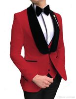 Wholesale Style Men Suits Red And Black Groom Tuxedos Shawl Velvet Lapel Groomsmen Wedding Jacket Pants Vest Bow Tie D259 Men s Blazers