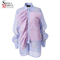 Wholesale Woman Big Size Korean Style Long Sleeve Striped Cute Shirt Ruffles Blue Pink Patchwork Ladies Casual Blusas Women s Blouses Shir