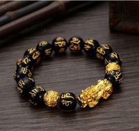 Wholesale Feng Shui Obsidian Stone mm Beads Strands Bracelet Men Women Unisex Wristband Gold Black Pixiu Wealth and Good Luck Bracelets Gift
