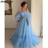 Wholesale Blue Prom Dresses A Line Off the Shoulder Sweetheart Tulle Long Sleeves Prom Gown Evening Party Dresses Robe De Soiree Y0706