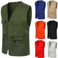 Wholesale Jacket Men Zipper Vest Sleeveless Coat Casual Multi Pocket British Suit Gray Khaki Army Green Orange Blouse Veste Homme Chaqueta K2Bp