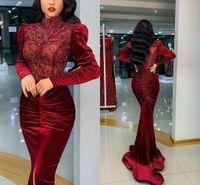 Wholesale Burgundy Velvet Mermaid Evening Dresses Shining Crystal Beaded High Neck Long Sleeves Prom Dress Sexy Illusion Formal Party Second Reception Gowns