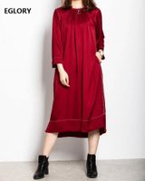 Wholesale Casual Dresses Top Quality Autumn Winter Designer Dress Women Color Block Stitching Pocket Mid Calf Loose Wine Red Black Luxury