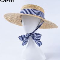 Wholesale Women Wide Brim Wheat Straw Hats Summer Beach Sun Hat With Navy Blue Striped Ribbon Tie Boater Vocation Cap