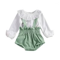 Wholesale Clothing Sets Emmababy Autumn M Toddler Baby Girl Set Green Suspender Shorts White Lace Ruffled Neck Long Sleeve Top Spring1