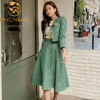Wholesale Work Dresses Women Two Piece Set Korean Chic French Temperament V neck Pearl Button Puff Sleeve Short Jacket High Waist Swing Skirt Suits