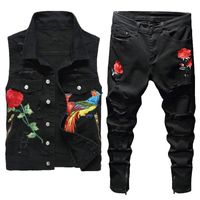 Wholesale New Spring Men Tracksuits Outwear Phoenix Floral Embroidery Hole Red Jeans Two Pieces Sets Men Turn Down Collar Vests Pants