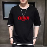 Wholesale Summer Casual Cotton Loose Scarlet Letter China Printed Men s Fake Two Short Sleeve T shirt