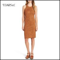 Wholesale Summer Women Faux Suede Leather Midi Dress Vintage Tan Sleeveless Bodycon Pencil Office Lady Fashion Party Custom Casual Dresses