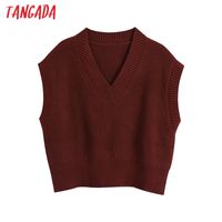 Wholesale Tangada Spring Women Fashion V Neck Red Knit Waistcoat Casual Sleeveless Vest Knitting Sweater Chic Lady Tops BE167
