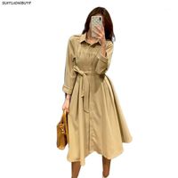 Wholesale Spring French Retro Dress Turndown Collar Long Sleeve Femme Robe Loose Sashes Thin Waist Female Clothing Trench Casual Dresses