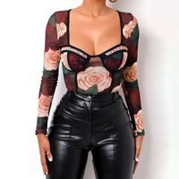 Wholesale Women s Jumpsuits Rompers Black Rose Floral Mesh Bodysuits Women Leotard Tops Vintage Sleeveless Long Sleeve Slim Fit Bodysuit Lady Bottom