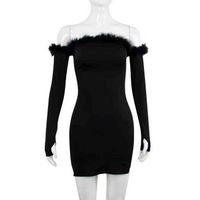 Wholesale Factory Direct Natural Waistline Bodycon Prom Strapless Feathers Long Sleeve Women Dress