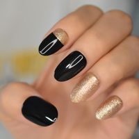 Wholesale False Nails Champagne Black Glitter Oval Press On Finger Short Full Cover Detachable Artificial Nail With Glue Sticker