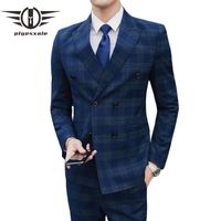 Wholesale Men s Suits Blazers Plyesxale Double Breasted Suit Men Slim Fit Grey Navy Blue Mens Plaid Classic Formal Dress Wedding Piece Man Q363