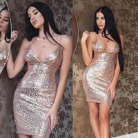Wholesale Casual Dresses BE HYGGE Rose Gold Sequins Dress Club Disco Glitter Shiny Sexy Bandage Cocktail Party Red NightOut Short