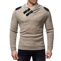 Wholesale Men s Sweaters Men Fashion Leather Buckle Neckline Splicing Stylish Slim Fit Knitted Long Sleeve Sweater Clothes