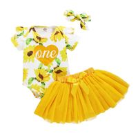 Wholesale Baby Girl Pretty Dress Floral Print Bodysuit Toddler Pink Yellow Tulle Skirt Set Babys First Birthday Outfits Chic Bow Clothing Sets