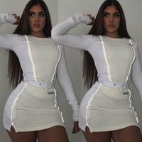 Wholesale Skirts Two Pieces Reflective Striped Full Sleeve Crop Top Bottom Skirt Outfit Tracksuit