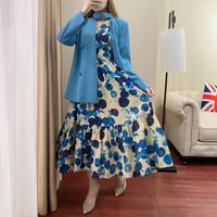 Wholesale Autumn Women blue Long Sleeve Blazer with Floral Print Long Dress Suits Spring Elegant Office Ladies Sashes Piece Set1
