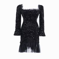 Wholesale Sexy Tight Square Collar Pleated Sequined Mesh Stitching Dress Flared Sleeves Mermaid Party Sequin D3025 Casual Dresses