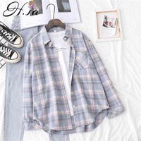 Wholesale HSA Women Korean Blouse Shirts Chic Boy Friend Style Plaid Blusa and Mujer Spring Bluas Shirt Pink Outer Tops