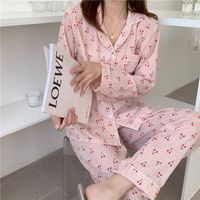 Wholesale Casual Dresses Pink Home Wear Cotton Sweet Femme Princess Lovely Cherry Printed Loose Pajamas Fashion Long Sleeve Suits TNM3