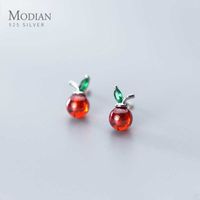 Wholesale MODIAN Green Crystal Leaves Garnet Apple Stud Earring for Women Gift Sterling Silver Fruit Ear Studs Earring Fine Jewelry