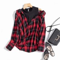 Wholesale Rosetic One Shoulder Plaid Shirt Women Streetwear Fake Two Pieces Gothic Fashion Spring Preppy Casual Shirts Girl Tops Red Women s Blou