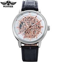 Wholesale China Brand Man Watches Fashion Mechanical Hand Wind Watch Skeleton Rose Gold Dial Silver Case Quality Leather Band Wristwatches