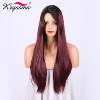 Wholesale kryssma Ombre Wig with Black Roots Burgundy Long Straight Wig Red Wine Synthetic Hair Wigs for Women Inches Heat Resistant