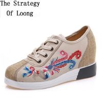 Wholesale Dress Shoes Women Spring Autumn Increasing Height Wedge Heels Canvas China Style Vintage Embroider Lady Lace up Sneakers