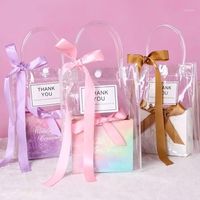 Wholesale Storage Bags PVC Transparent Tote Bag With Handles Ribbon Candy Gift Box Wedding Bridesmaid Dragee Packaging Party Wrapping
