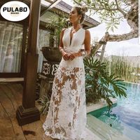 Wholesale Maxi Bohemian Dress Lace See Through Hollow Out Long Holiday White Sexy V Neck Women Summer Elegant Vestidos Casual Dresses