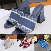 Wholesale Newest Summer Womens High Heels Slippers Striped Sandals Ladies Casual Scuffs Block Heel Sandals Outdoor Shopping Letters Slippers Box Q3