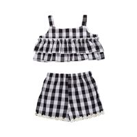 Wholesale Clothing Sets Sweet Baby Girls Outfit Set Summer Creative Black White Plaid Printing Sleeveless Suspender Top Lace Shorts