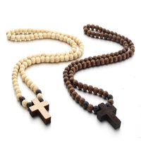 Wholesale Classic Natural Wood Beads Cross Necklace for Men Women Vintage Religious Rosary Necklaces Jewelry Handmade Prayer Pendant