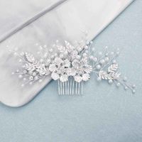 Wholesale FORSEVEN Luxury Handmade Faux Pearl Silver Color Comb Flower Shape Clip Women Tiara Bridal Wedding Hair Accrssories JL