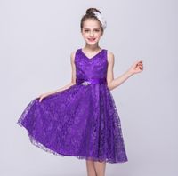 Wholesale Purple Lace Girl s Party Dresses V Neck Princess Dress Knee Length Sleeveless Birthday Flower Girls Gowns