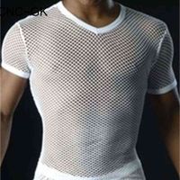 Wholesale Hot Men T Shirts Transparent Mesh See Through Tops Tees Sexy Man Tshirt V Neck Singlet Gay Male Casual Clothes T shirt