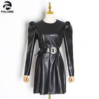 Wholesale Casual Dresses FOLOBE Black PU Faux Leather Puff Long Sleeve Gothic Coctail Bodycon Party Sexy Spring Club Dress Women Fashion