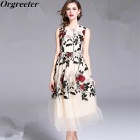 Wholesale Elegant Flower Embroidery Net yarn Women Dress Summer Fashion Sleeveless Vintage Slim Vest Dresses Plus Size XXL