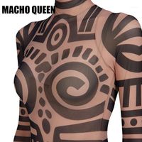 Wholesale Stage Wear Women Summer Tribal Tattoo Print Mesh Jumpsuit African Aztec Retro Bodysuit Celebrity Catsuit Jumpsuit1