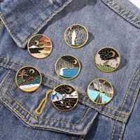 Wholesale European Oil Painting Series Mountain Landscape Brooches Women Circle Round Alloy Moon Tree Lapel Pins Unisex Travel Sweater Backpack Clothes Badges Accessories